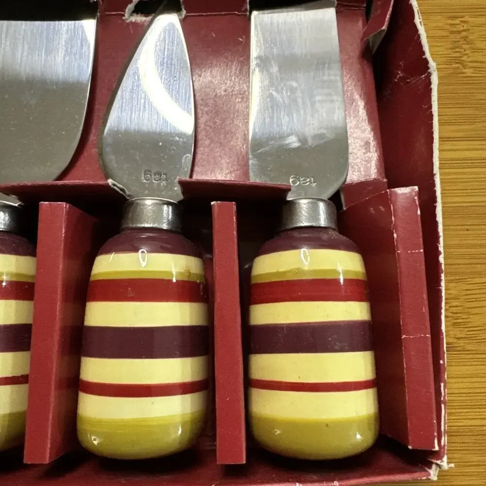 Vintage Tag Cheese Knife Set 4 Pc Retro Yellow Cream Striped Charcuterie Board